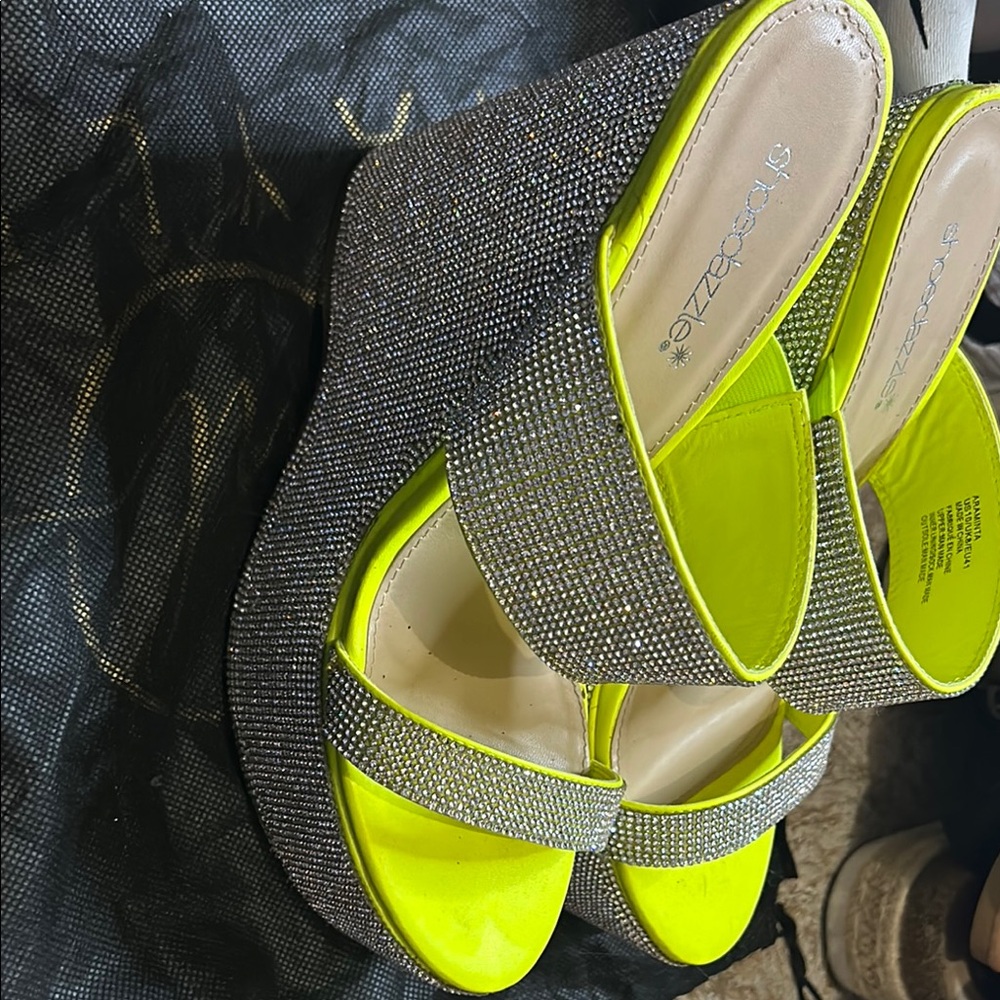 Show Dazzle Neon Yellow and Silver Wedge Sandals